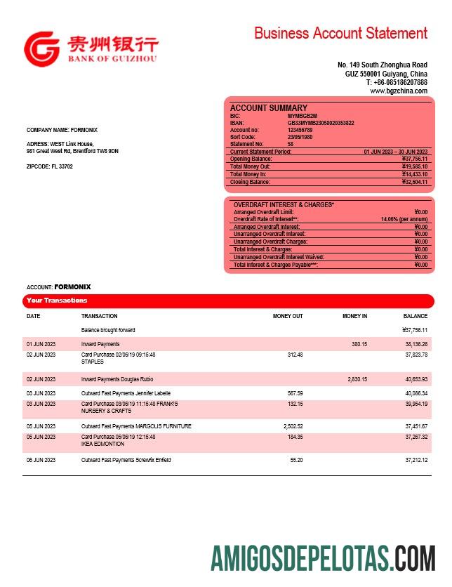 Baixável Bank Of Guizhou Business Checking modelo de extrato de conta Word e PDF
